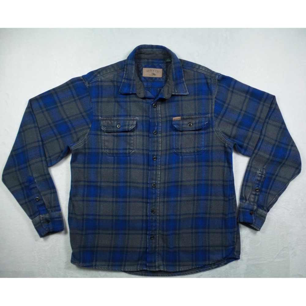 Orvis Shirt Mens Size Large Blue Plaid Heavyweight Button Up Flannel Pockets